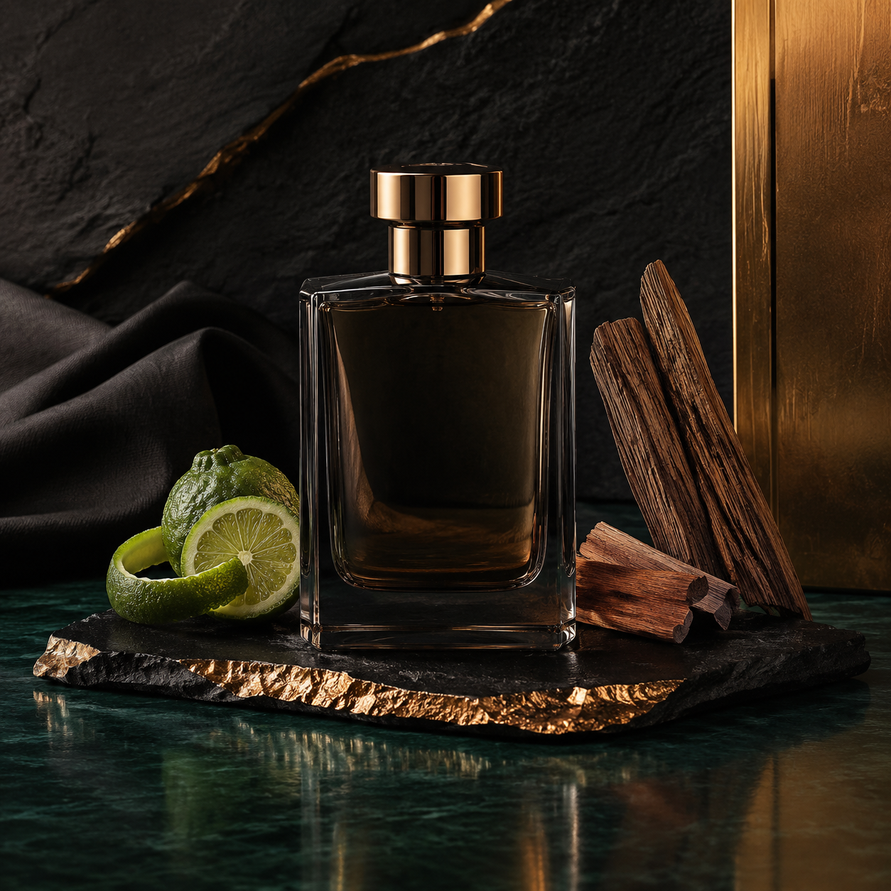 Men's scent collection with bergamot, teakwood and dark glass