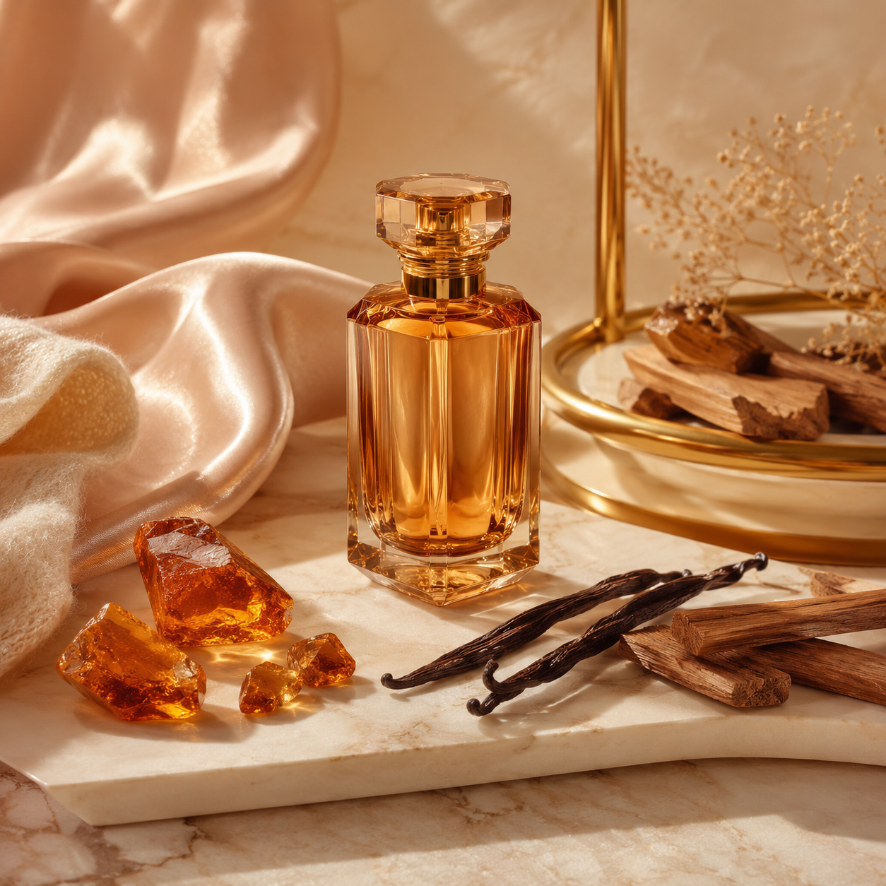 Warm amber and musk scent collection with sandalwood and vanilla