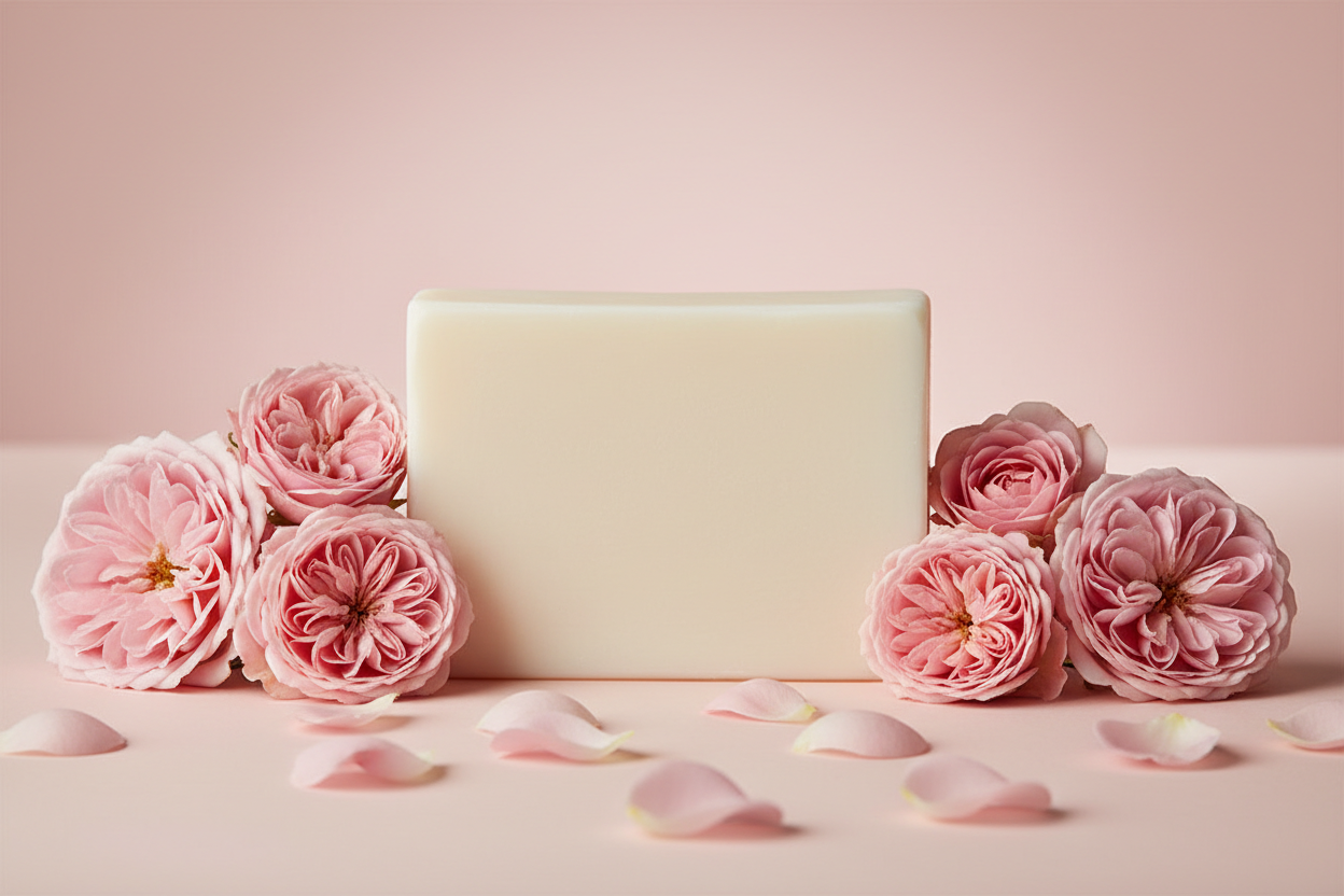 make me a goatmilk soap bar with roses around it and soft nude pink back ground
