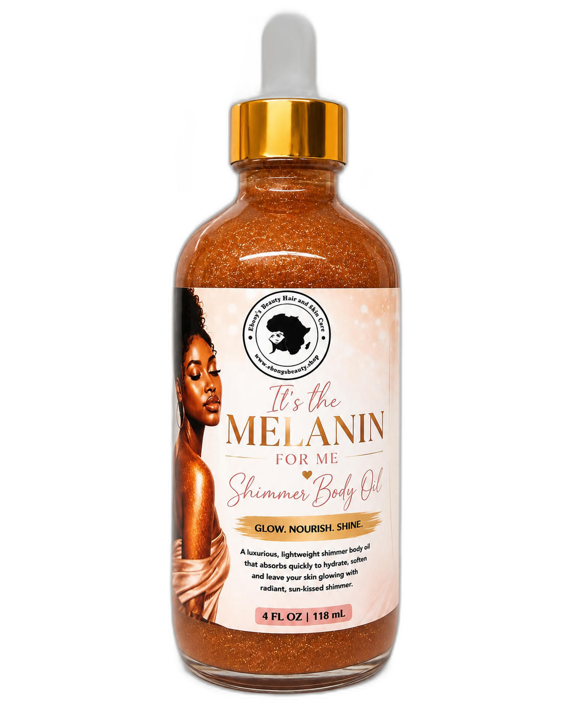 It's the Melanin for Me Shimmer Body Oil on white background