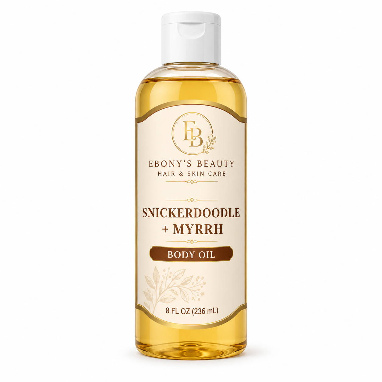 Snickerdoodle and Myrrh Body Oil in clear 8 oz bottle with white cap