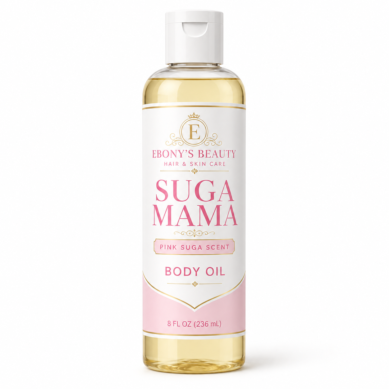 Suga Mama Pink Suga Scent Body Oil in clear 8 oz bottle with white cap