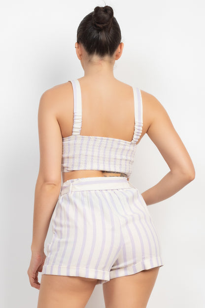 Tie-front Striped Crop Top & Belted Shorts Set